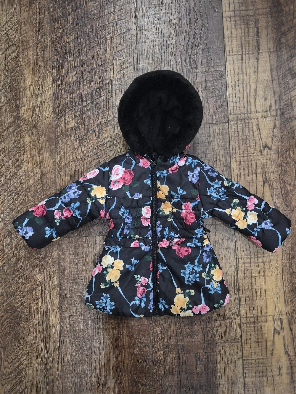 Baby Girls Rothschild Puffer Floral Jacket Size 12 Month Faux Fur Hood